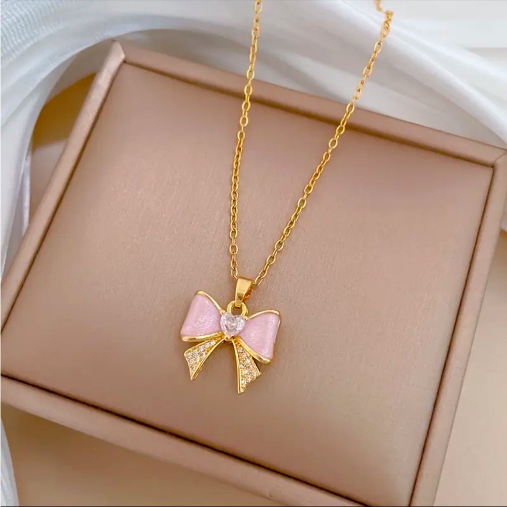 Pink Enamel Bow Pendant Necklace Gold Tone Crystal Center NWT